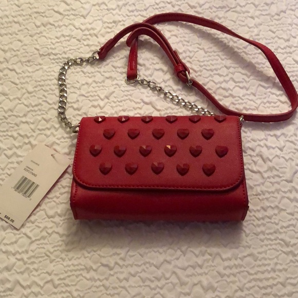 Betsey Johnson Crimson Faux Leather Crossbody Studded Hearts & Chain Accents NWT - Picture 2 of 16
